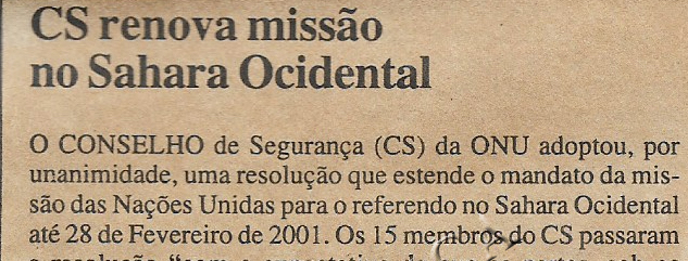 Conselho de Segurança das Nações Unidas renova missão no Sahara Ocidental – 01 de Novembro de 2000