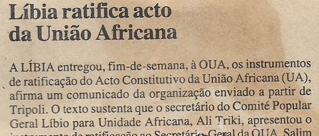 Líbia ratifica acto da União Africana – 01 de Novembro de 2000