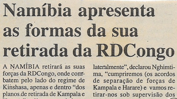 Namíbia apresenta as formas da sua retirada da RDCongo – 06 de Março de 2001