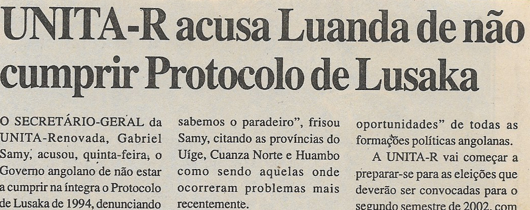 UNITA-R acusa Luanda de não cumprir Protocolo de Lusaka – 03 de Março de 2001