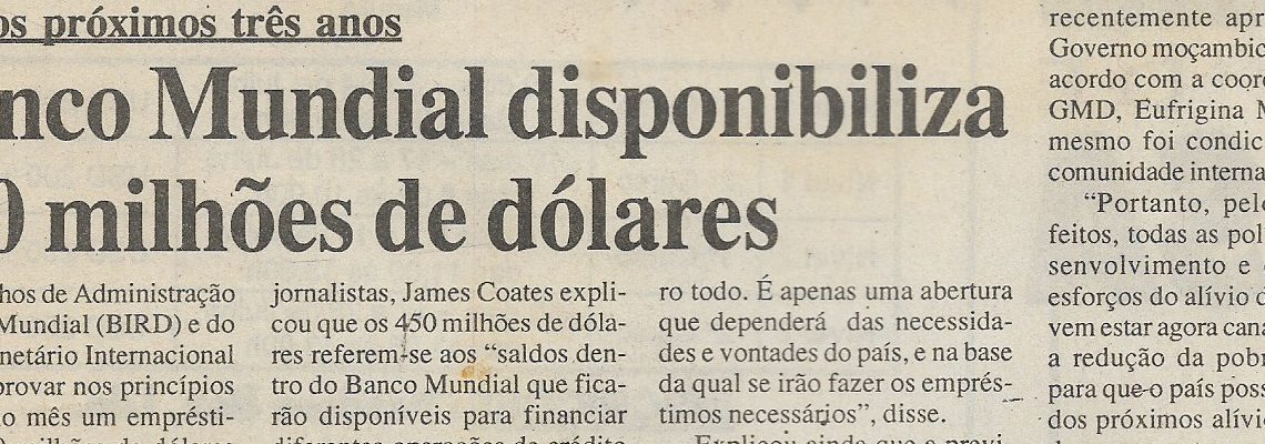 Para os próximos três anos – Banco Mundial disponibiliza 450 milhões de dólares – 30 de Maio de 2000