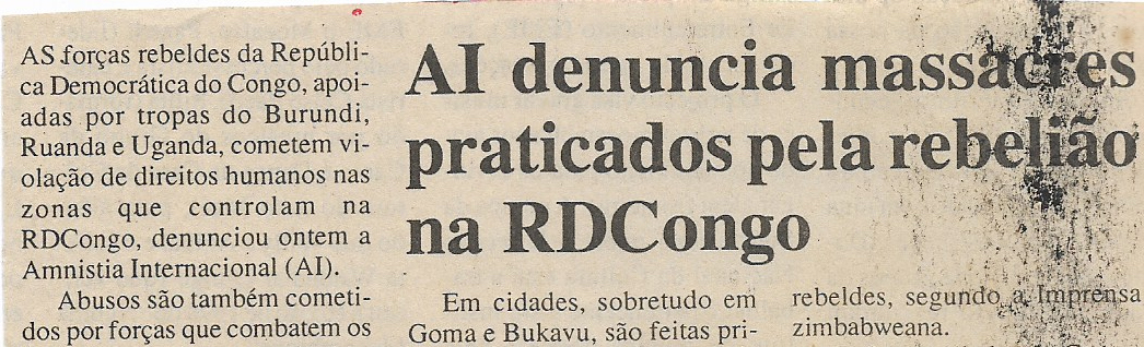 AI denuncia massacres praticados pela rebelião na RD Congo – 18 de Janeiro de 2000