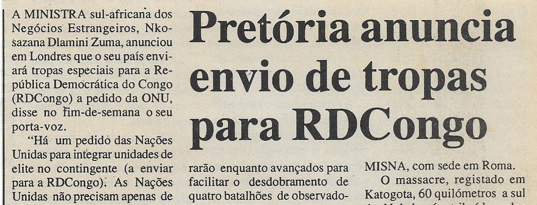 Pretória anuncia envio de tropas para RD Congo – 22 de Maio de 2000