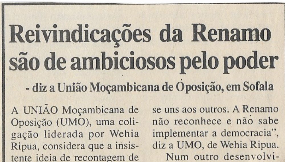 Reivindicações da Renamo são de ambiciosos pelo poder – 28 de Março de 2000