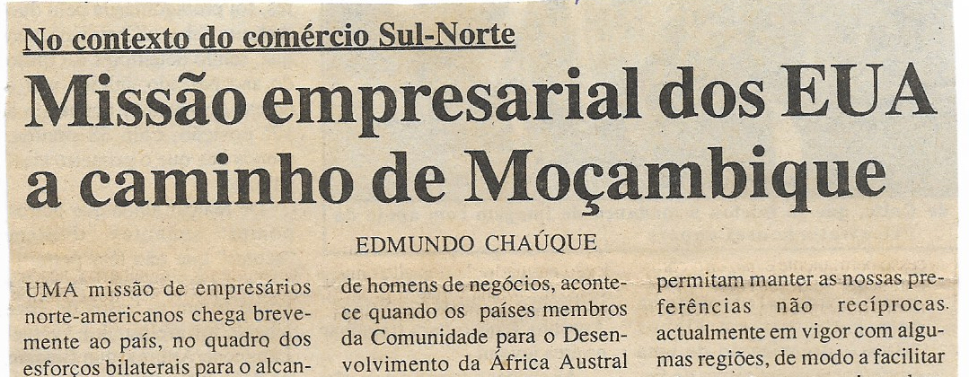 No contexto do comércio Sul-Norte: Missão empresarial dos EUA a caminho de Moçambique – 17 de Maio de 2000