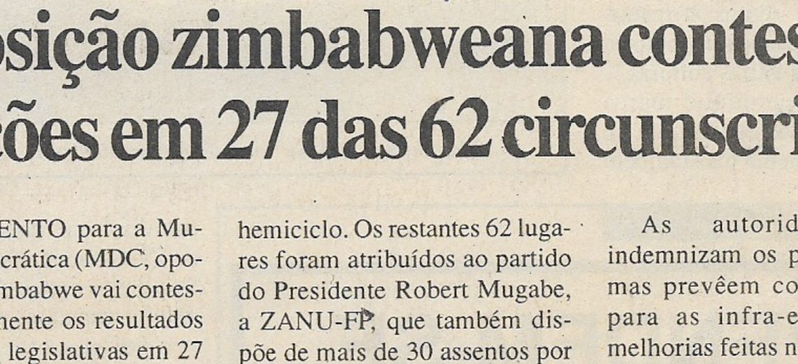Oposição zimbabweana contesta eleições em 27 das 62 circunscrições – 07 de Julho de 2000