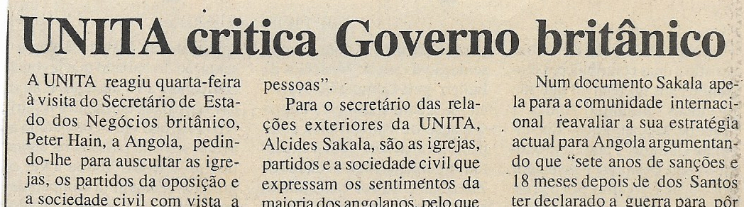 UNITA critica Governo Britânico– 07 de Julho de 2000