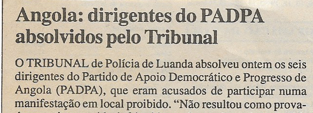 Angola: dirigentes do PADPA absolvidos pelo Tribunal – 31 de Janeiro de 2001