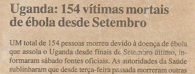 Uganda: 154 vítimas mortais de ébola desde Setembro – 4 de Dezembro de 2000