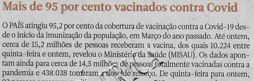 Mais de 95 por cento vacinados contra Covid – 25 de Junho de 2022