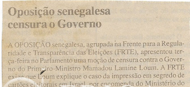 Oposição senegalesa censura o Governo – 13 de Janeiro de 2000