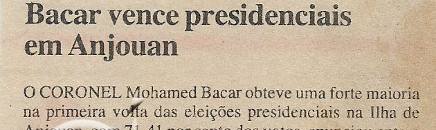 Bacar vence presidenciais em Anjouan – 02 de Abril de 2002