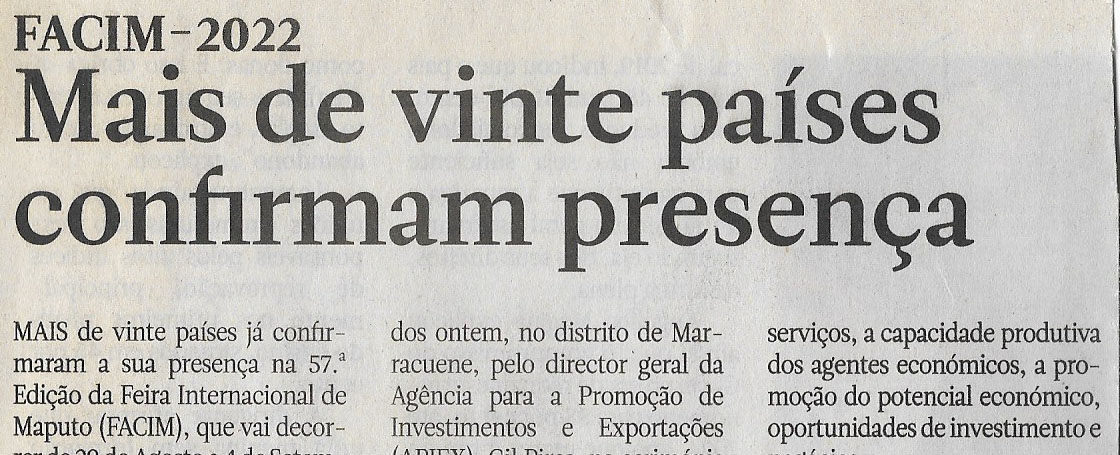 FACIM-2022: Mais de vinte países confirmam presença – 12 de Agosto de 2022