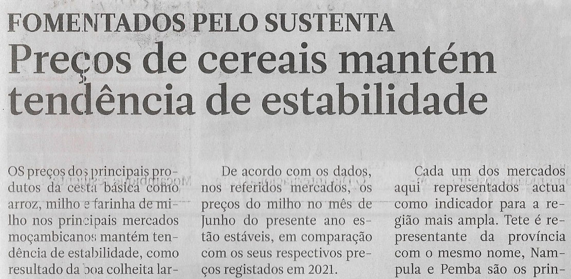 Fomentados pelo sustenta: Preços de cereais mantêm tendência de estabilidade – 02 de Agosto de 2022