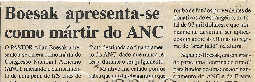 Boesak apresenta-se como mártir do ANC – 16 de Maio de 2000