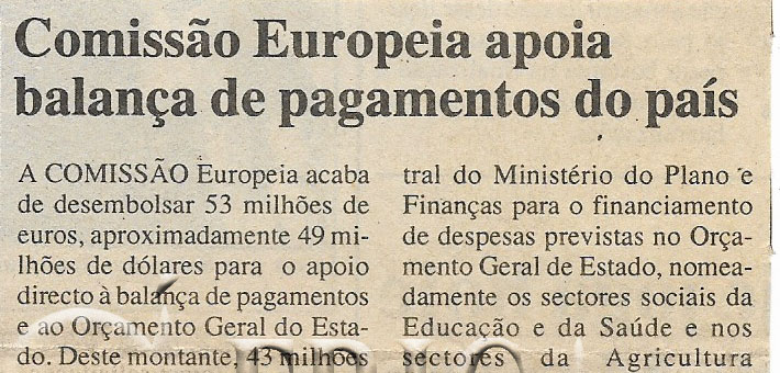 Comissão Europeia apoia balança de pagamentos do país – 17 de Maio de 2000