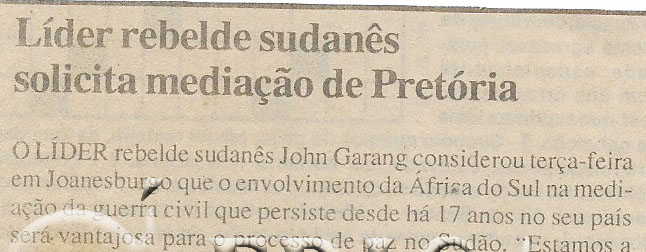 Líder rebelde sudanês solicita mediação de Pretória – 13 de Janeiro de 2000