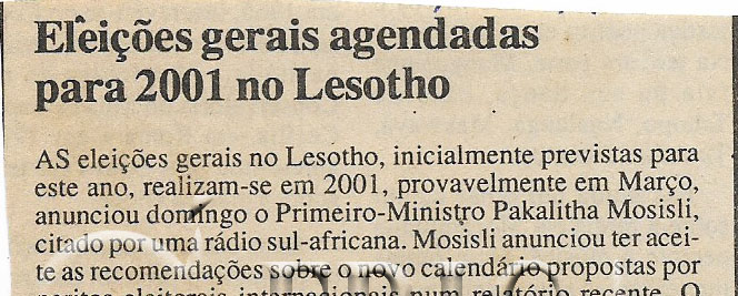 Eleições gerais agendadas para 2001 no Lesotho – 16 de Maio de 2000