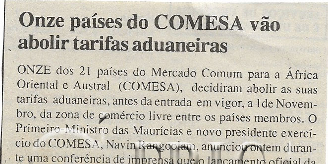 Onze países do COMESA vão abolir tarifas aduaneiras – 20 de Maio de 2000