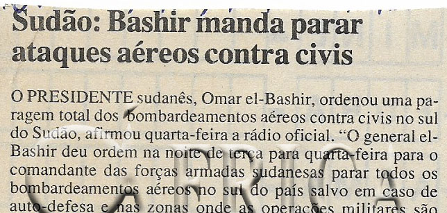 Sudão: Bashir manda parar ataques aéreos contra civis – 21 de Abril de 2000