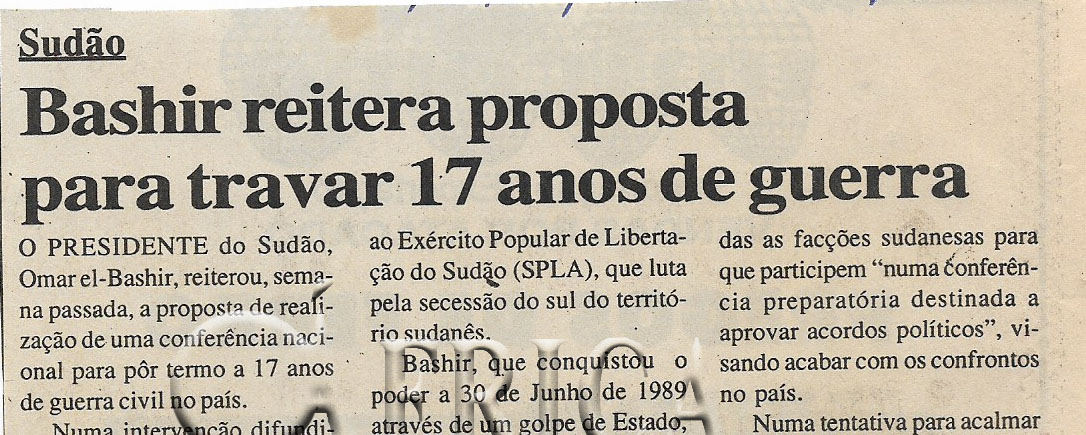 Sudão: Bashir reitera proposta para travar 17 anos de guerra – 03 de Julho de 2000