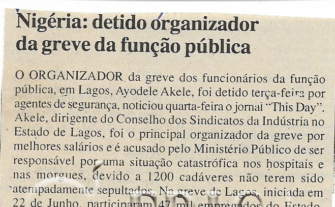 Nigéria: Detido organizador da greve da função pública – 07 de Julho de 2000