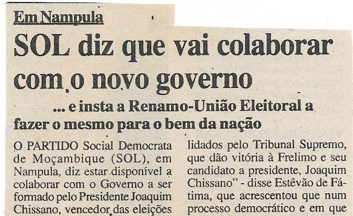 Em Nampula: SOL diz que vai colaborar com o novo governo – 12 de Janeiro de 2000