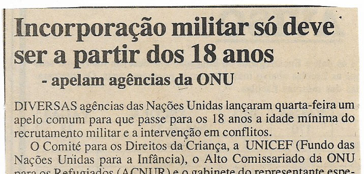 Incorporação militar só deve ser a partir dos 18 anos – 14 de Janeiro de 2000