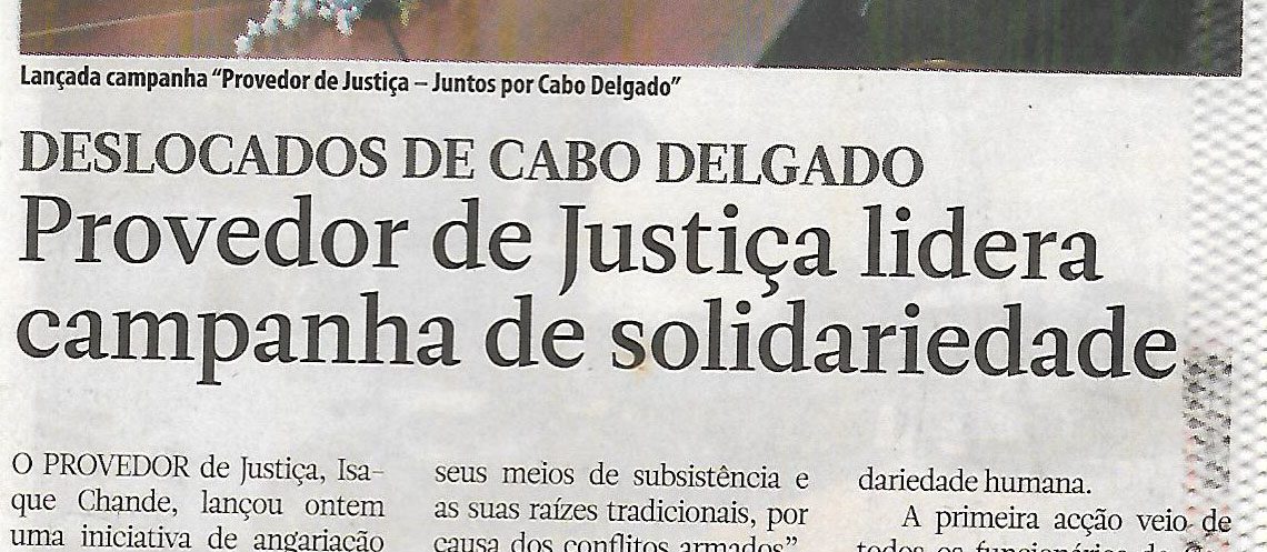 Deslocados de Cabo Delgado – Provedor de Justiça lidera campanha de solidariedade – 03 de Dezembro de 2020