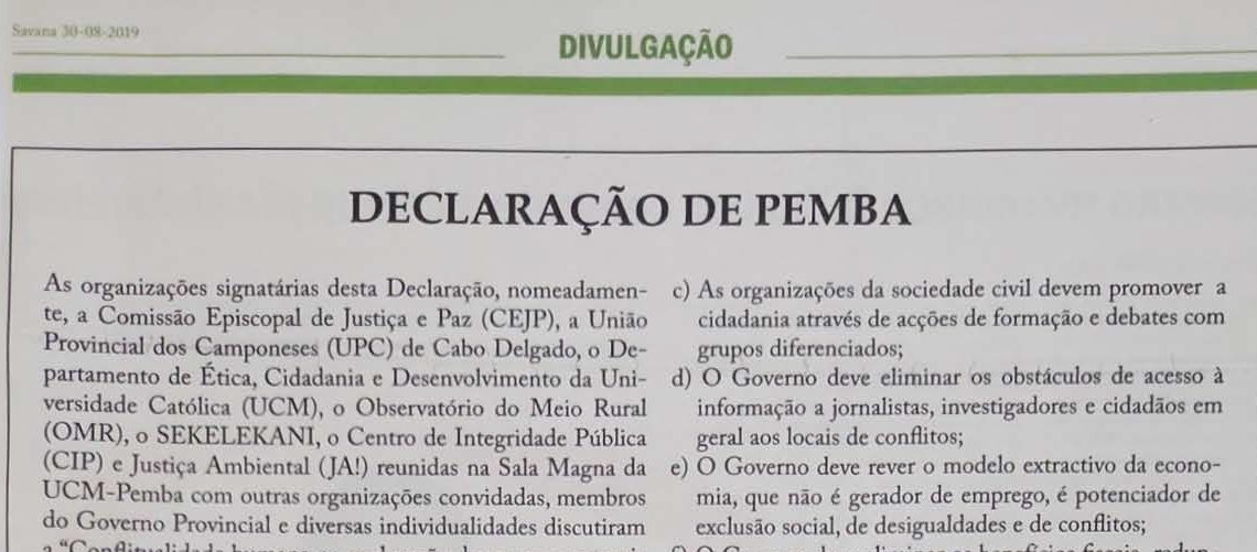 Declaração de Pemba – 23 de Agosto de 2019