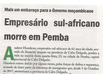 Empresário sul-africano morre em Pemba – 25 de Janeiro de 2019