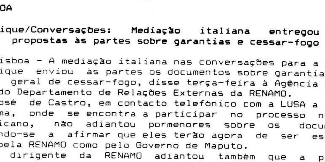 Moçambique – Conversações – Mediação italiana entregou duas propostas às partes sobre garantias e Cessar-Fogo – 19 de Agosto de 1992