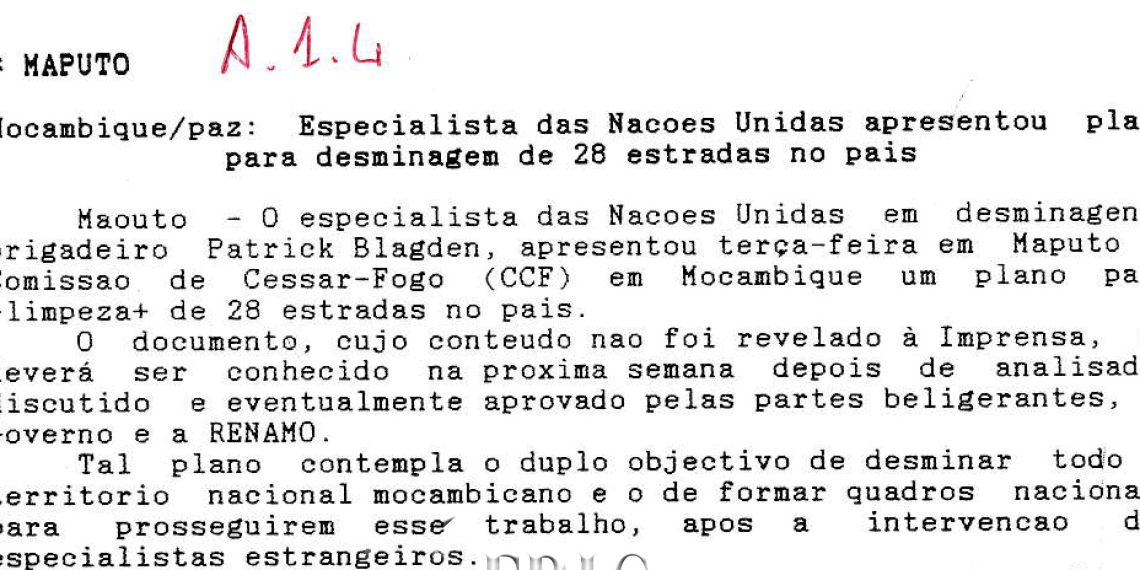 Moçambique – Paz – Especialista das Nações Unidas apresentou plano para desminagem de 28 estradas no país – 27 de Janeiro de 1993