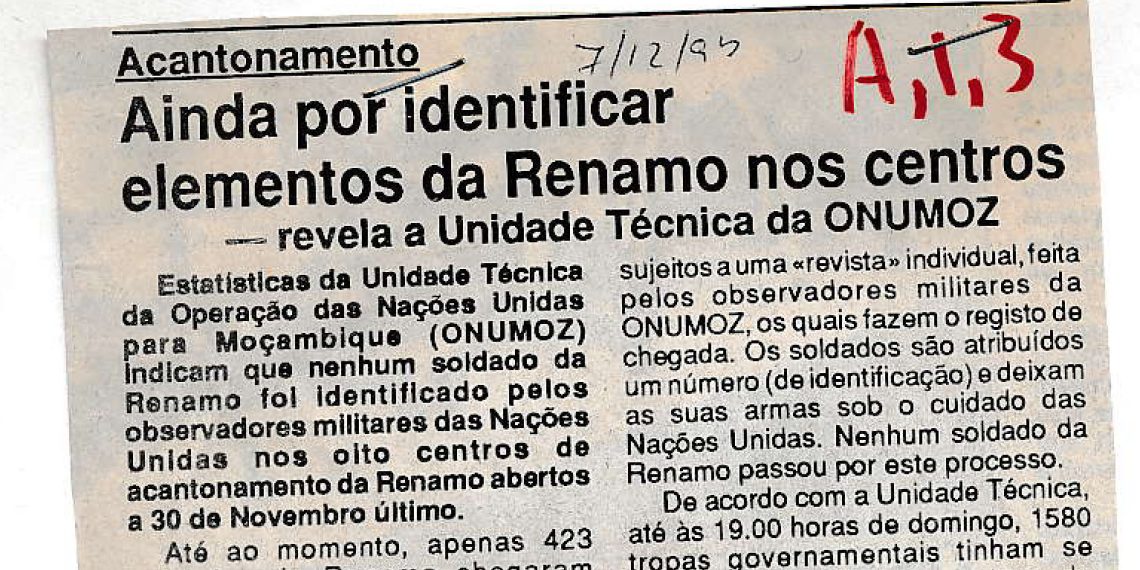 Acantonamento – Ainda por identificar elementos da RENAMO nos centros – 7 de Dezembro de 1993