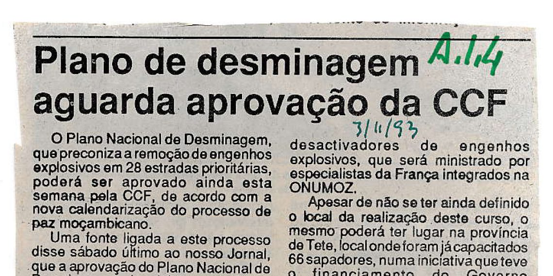 Plano de desminagem aguarda aprovação da Comissão de Cessar-Fogo (CCF) – 3 de Novembro de 1993