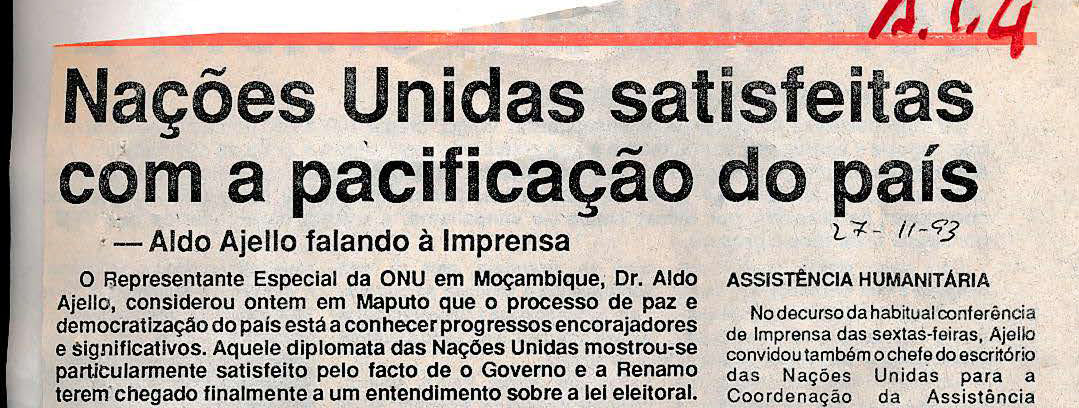 Nações Unidas satisfeitas com a pacificação do país – 27 de Novembro de 1993