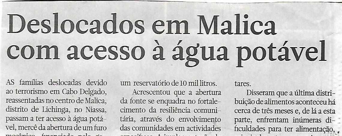 Deslocados em Malica com acesso à água potável – 31 de Janeiro de 2023