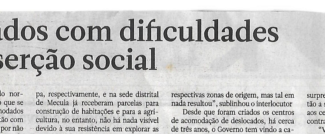 Deslocados com dificuldades de reinserção social – 5 de Janeiro de 2022