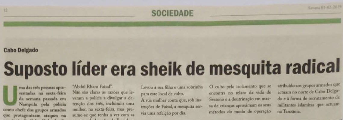 Suposto líder era sheik de mesquita radical – 01 de Fevereiro de 2019