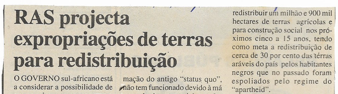 RAS projecta expropriações de terras para redistribuição – 06 de Julho de 2000
