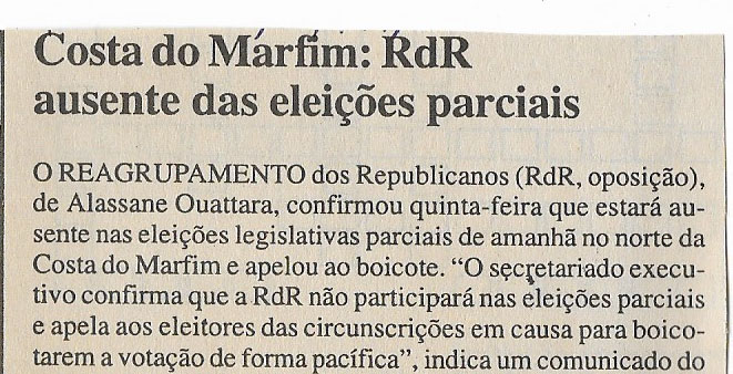 Costa do Marfim: RdR ausente das eleições parciais – 13 de Janeiro de 2001