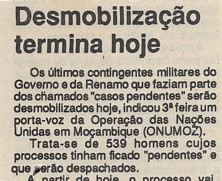 Desmobilização termina hoje – 20 de Outubro de 1994