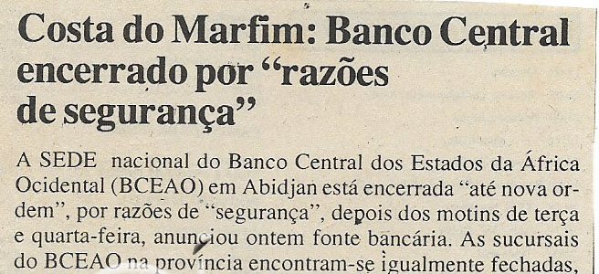 Costa do Marfim: Banco Central encerrado por “razões de segurança” – 08 de Julho de 2000