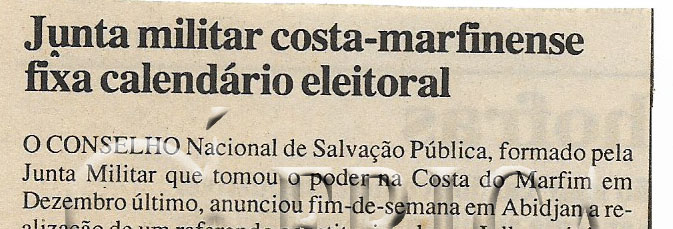 Junta militar costa-marfinense fixa calendário eleitoral – 15 de Maio de 2000