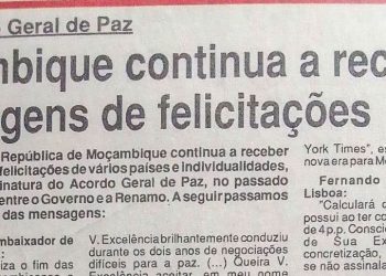 Pelo acordo geral da paz – Moçambique continua a receber mensagens de felicitações – 9 de Outubro de 1992