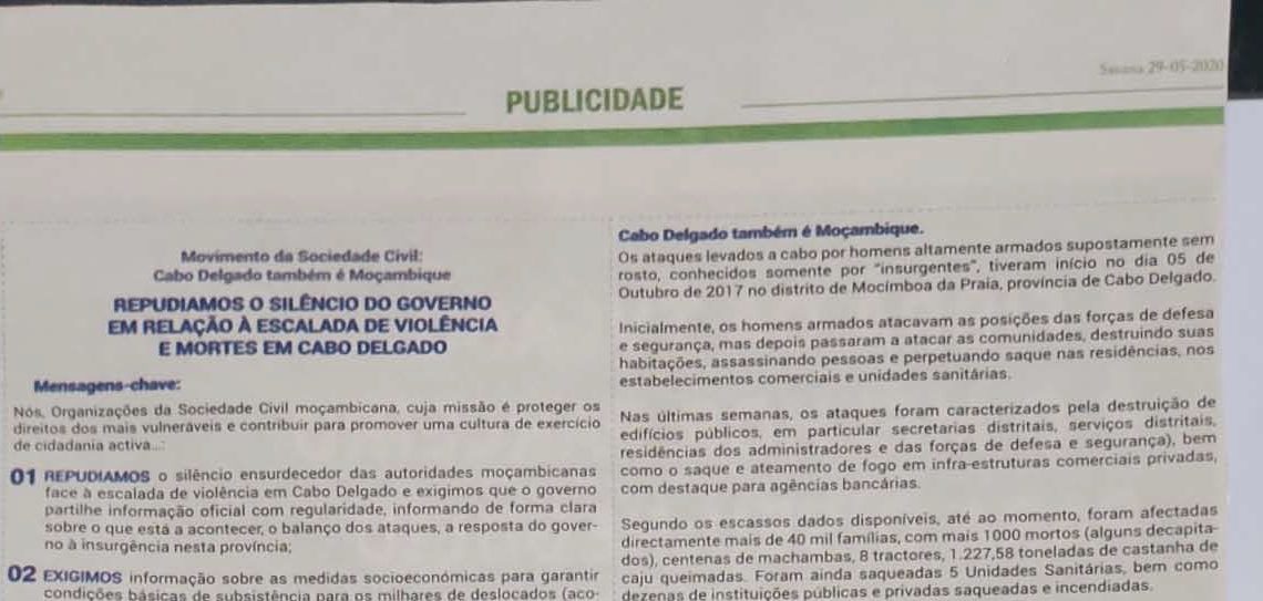 Repudiamos o silêncio do governo em relação à escalada de violência e mortes em Cabo Delgado – 29 de Maio de 2020