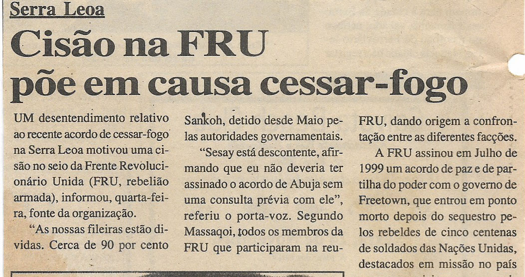 Serra Leoa: Cisão na Frente Revolucionária Unida (FRU) põe em causa cessar-fogo – 24 de Novembro de 2000