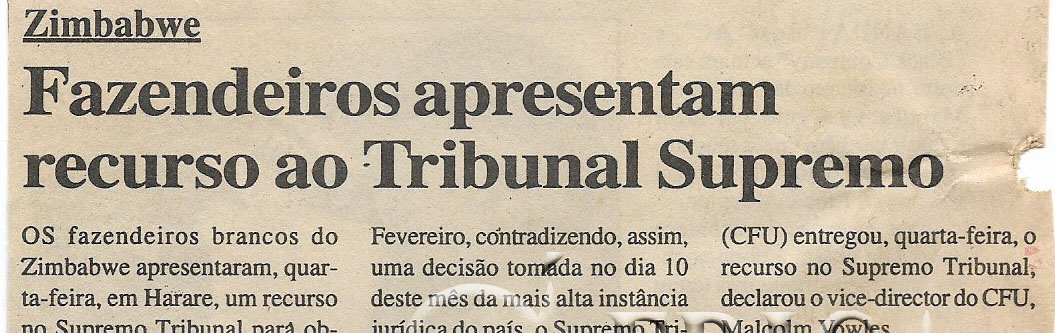 Zimbabwe: Fazendeiros apresentam recurso ao Tribunal Supremo – 24 de Novembro de 2000