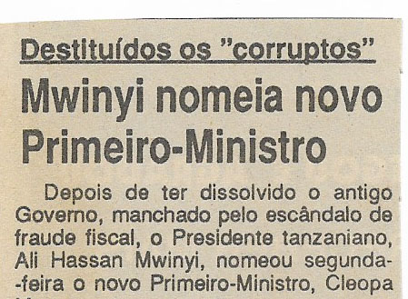 Destituídos os “corruptos”: Mwinyi nomeia novo Primeiro-Ministro – 07 de Dezembro de 1994