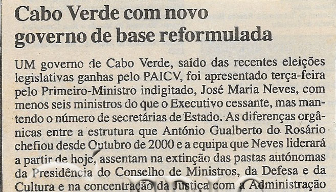 Cabo Verde com novo governo de base reformulada – 01 de Fevereiro de 2001